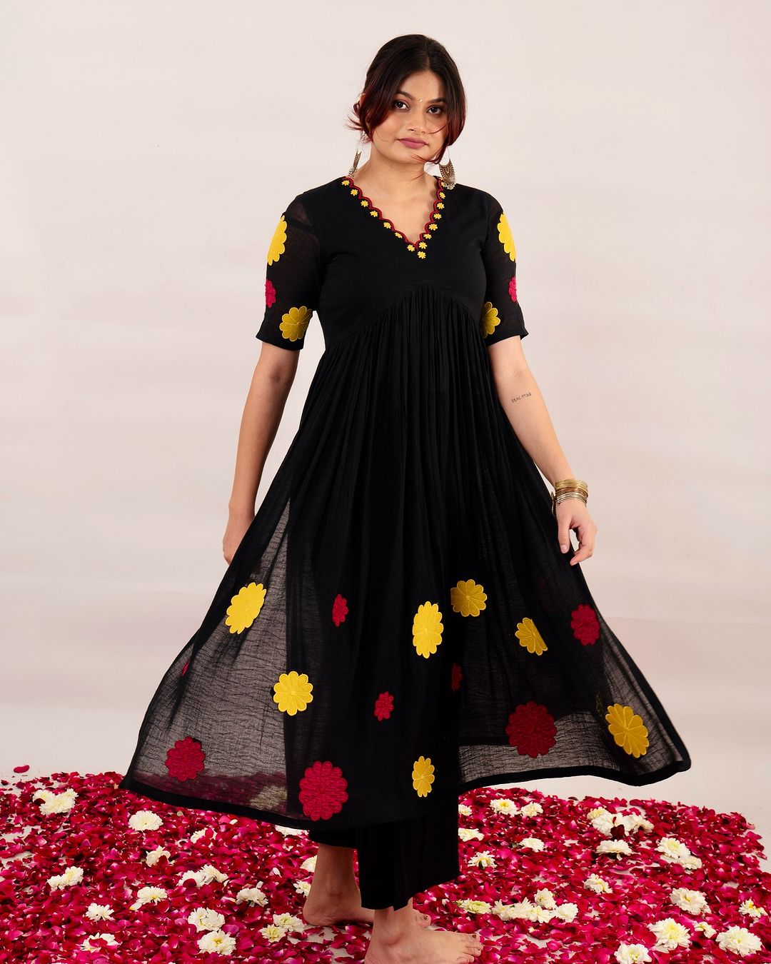 Chicora black and offwhite Kurta with embroidered floral patchwork