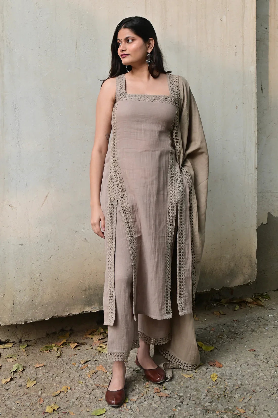 Maya Elegant Beige Lace-Detail Kurta Set