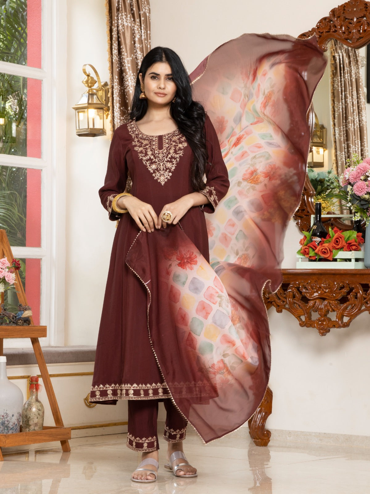 Chinon Embroidery top with Bottom And Organza Dupatta