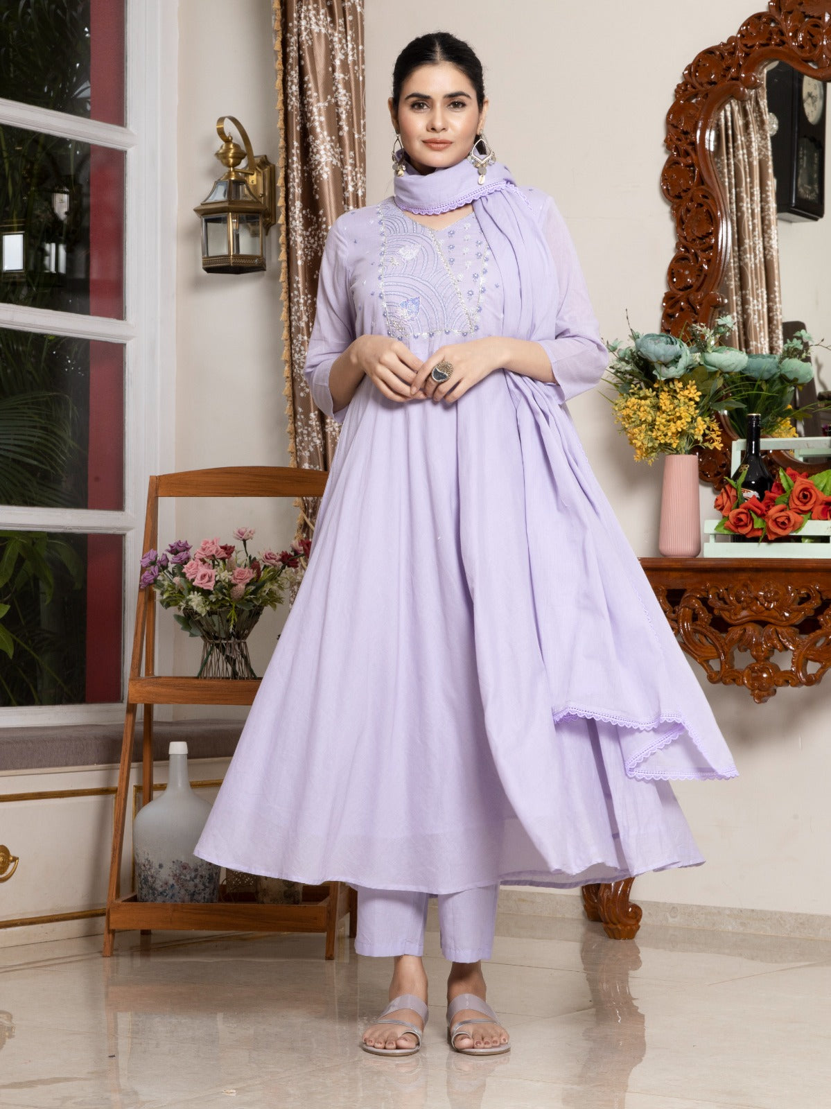 Chicora Mul Cotton Embroidery with hand work Top Bottom Dupatta Set