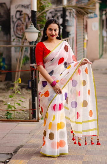 Chicora soft linen polka-dot printed saree for woman.