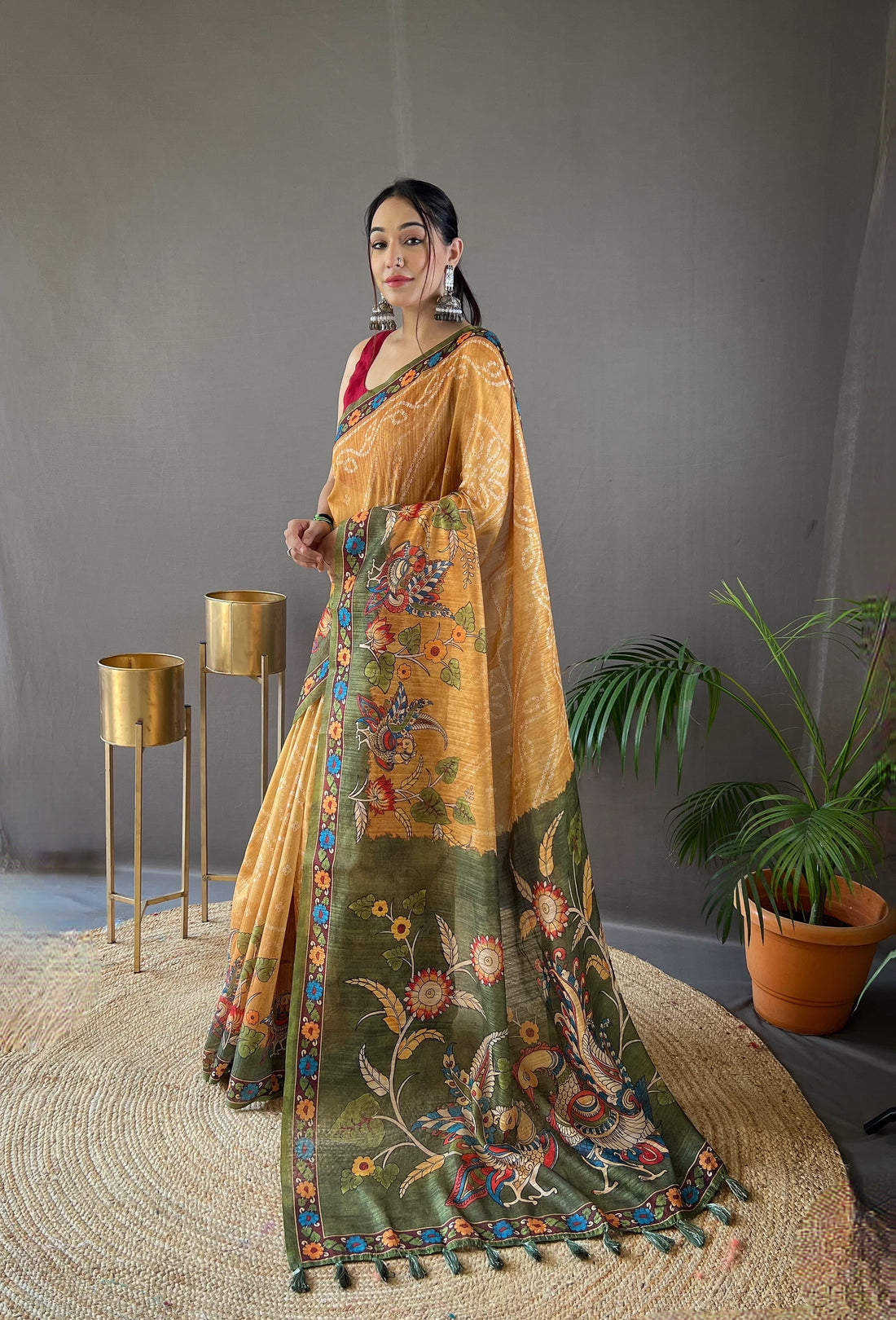 Chicora Pure soft cotton tussar silk saree  with elegant prints and contrast pallu with contrast blouse and tassels