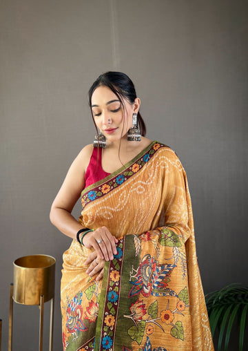 Chicora Pure soft cotton tussar silk saree  with elegant prints and contrast pallu with contrast blouse and tassels