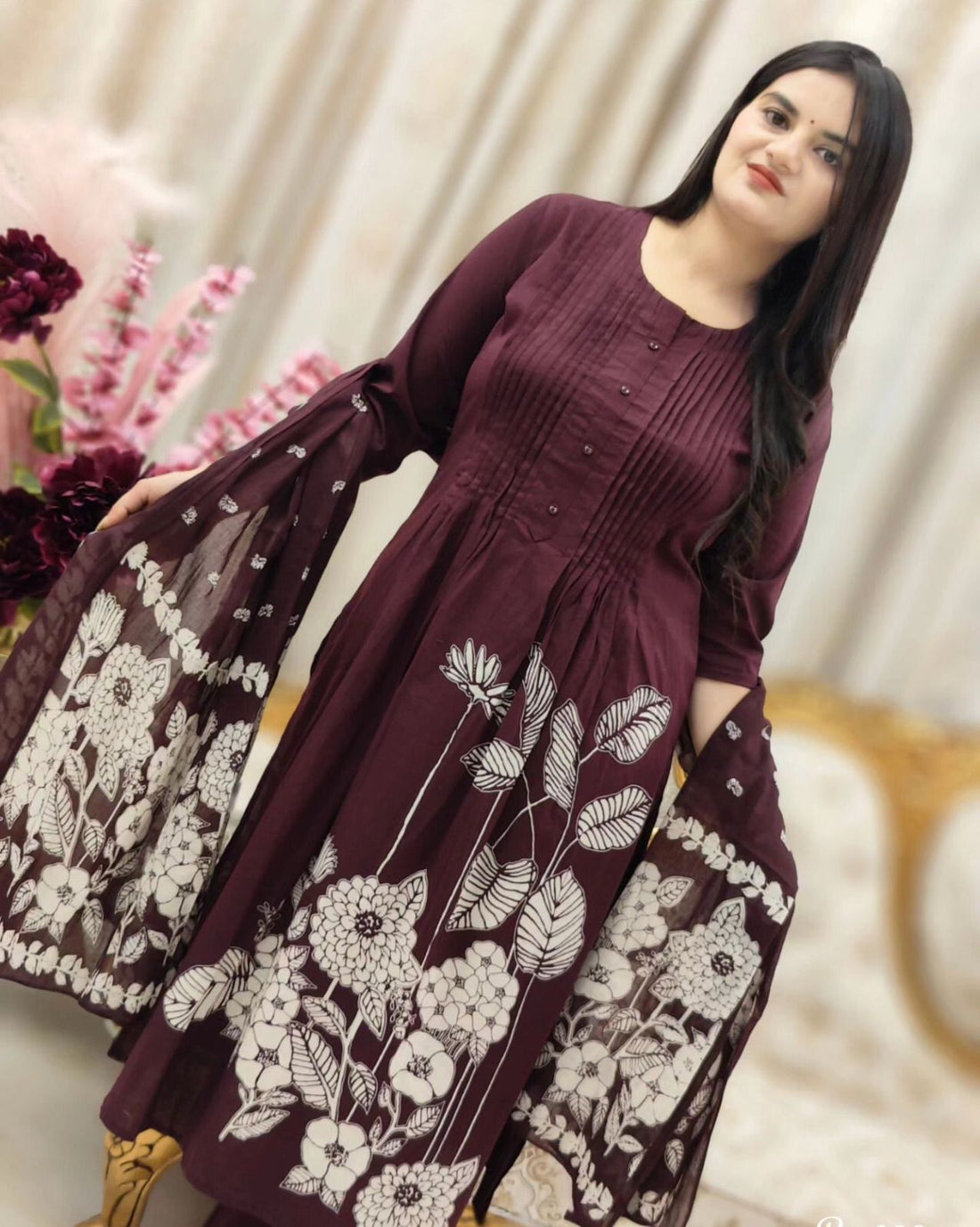 Chicora Pure Cotton Kurti with Self Print with Pant and Mulmul Printed Dupatta Set