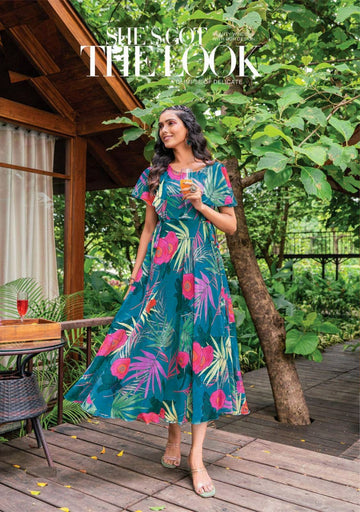 Chicora Presents Long Printed Gown with Fancy Sleeves Pattern