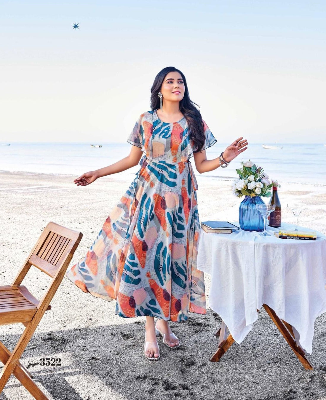 Chicora Presents Long Printed Gown with Fancy Sleeves Pattern