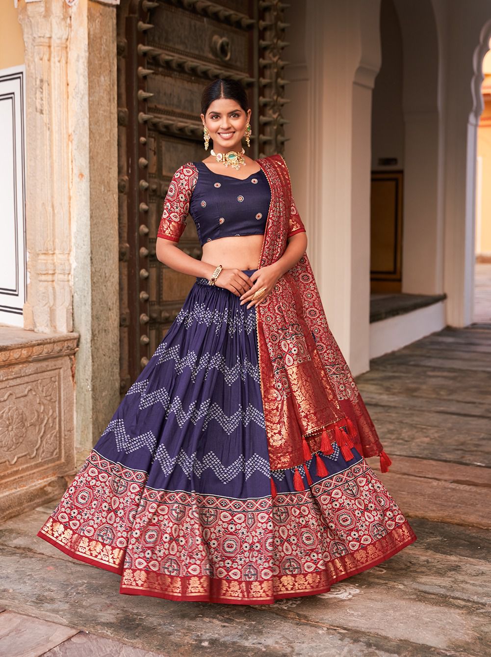 Chicora In the embrace of Tusser silk, adorned with Ajarakh prints, the lehenga choli becomes not just a garment, but a reflection of tradition, grace, and beauty