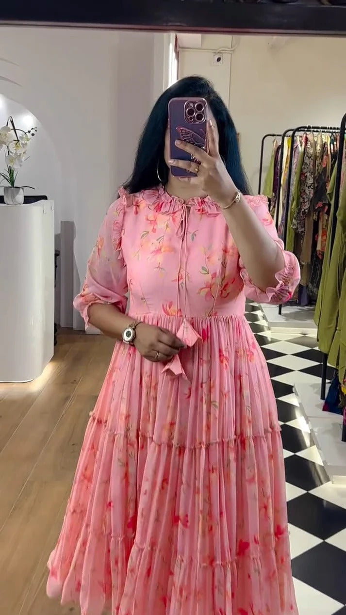Chicora presenting pink colour floral gown for women