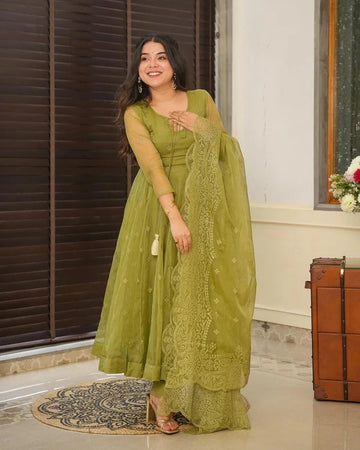 Chicora Hailey anarkali style embroderied organza suit set