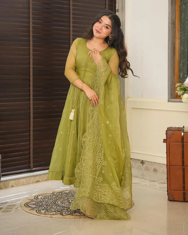 Chicora Hailey anarkali style embroderied organza suit set