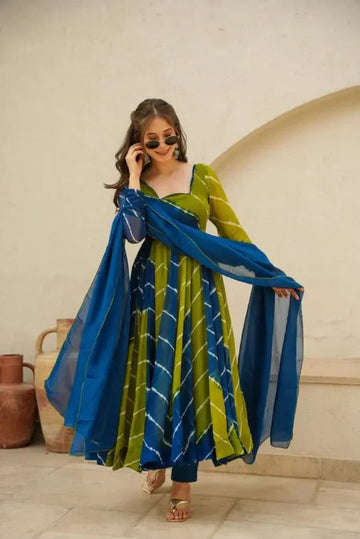 Chicora Vishwa blue & green leheriya suit-set for women