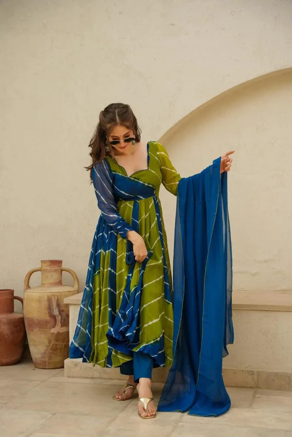 Chicora Vishwa blue & green leheriya suit-set for women