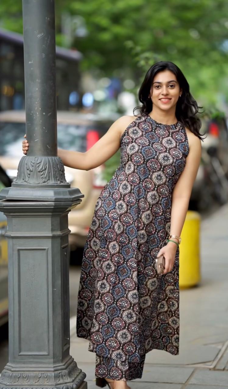 Sajan Ajrakh printed sleave less kurti sets