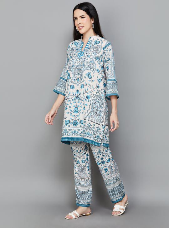 Sangria Floral Printed Shirt Collar Tunic & Trousers