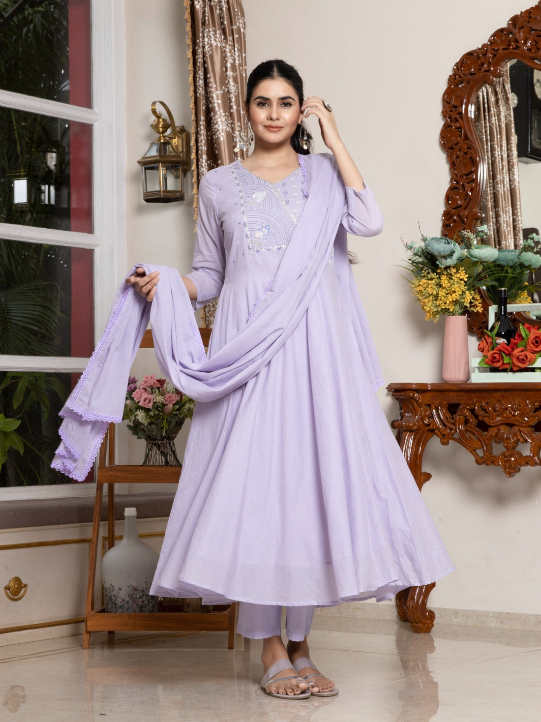 Chicora Mul Cotton Embroidery with hand work Top Bottom Dupatta Set